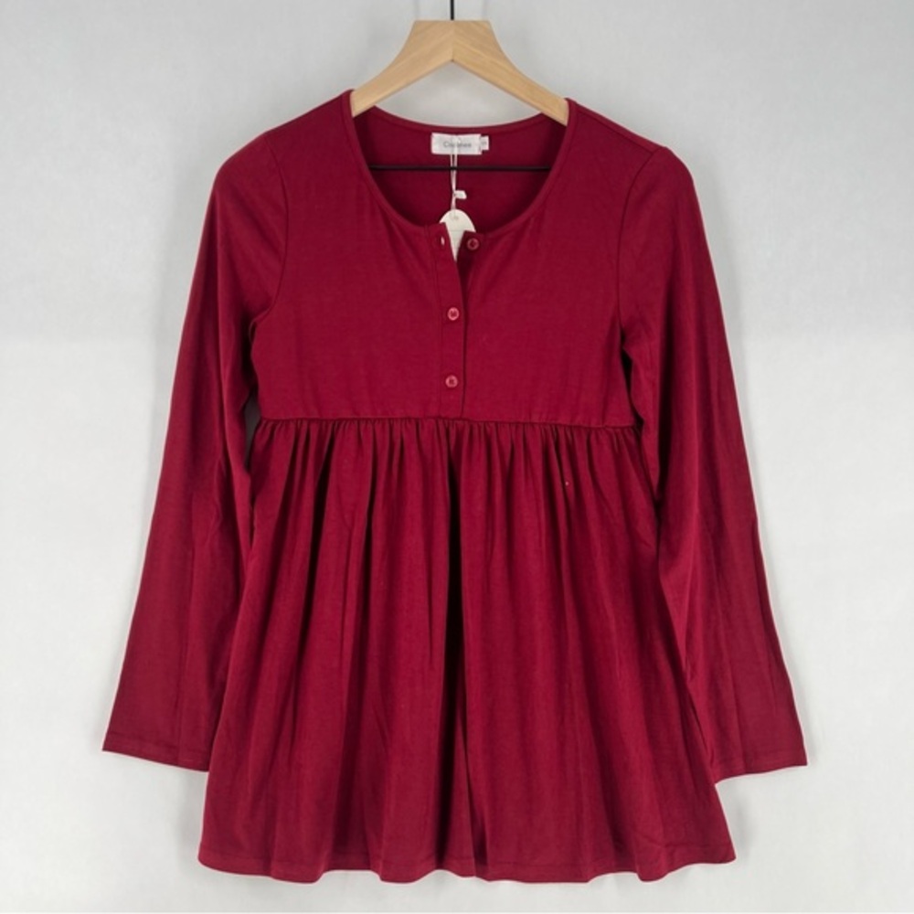 Coolmee‎ Soft Stretch Burgundy Pleated Babydoll Long Sleeve Henley Tunic Top